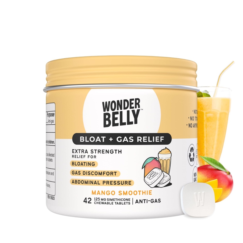 Wonderbelly Bloat + Gas Relief, Extra Strength Chewable Tabletler, 125 mg Simethicone ile, No Talc veya Dye, Mango Smoothie, Count 42