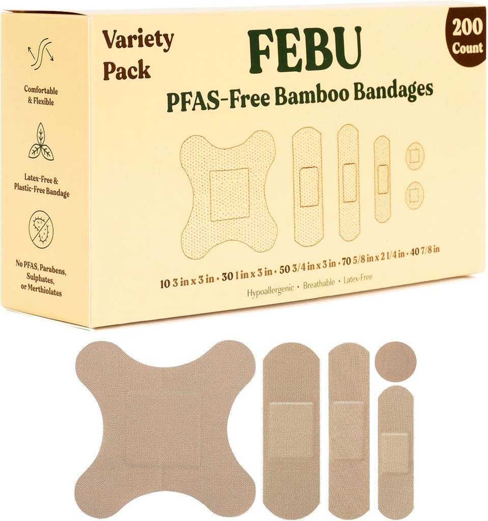 FEBU Eco-Friendly Bamboo Fabric Bandages | PFAS Free Bandages for Boates & Cuts | Flex Fabric Bandage | Full Compostable, Latex Free Bandage | 200 Bulk Count Diversity