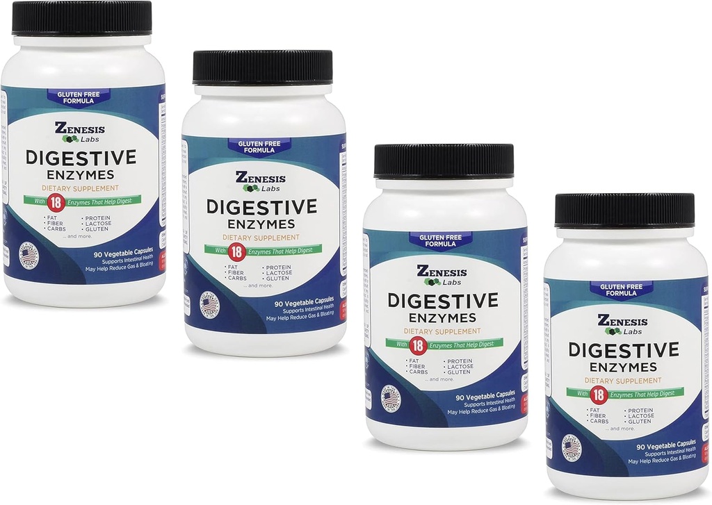 Zenesis Labs Digestive Enzymes - Amylase, Bromelain, Prole, Lipase & 14 Diğer Enzymes Bulk 360 Capsule Supply (4 Şişe Set - 90 Capsules/Bottle)