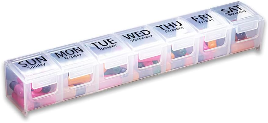 GMS Weekly Pill Organizer - 7Day Labeled Karşılaştırmalı Pill Case for Supplements, Vitaminler ve İlaçlar - Güvenli Latches - Daily Use & Travel için İdeal - Clear Latches - Clear
