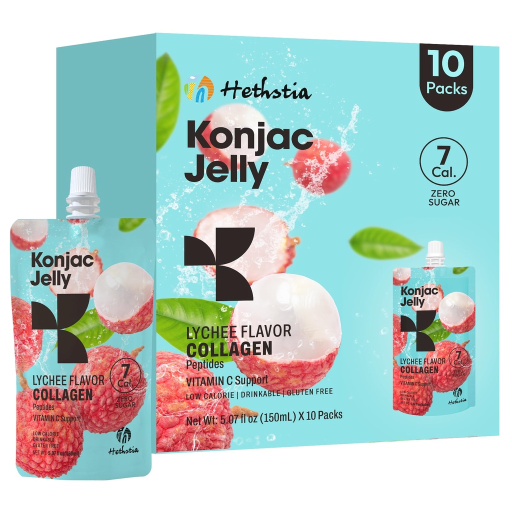 Hethstia Konjac Jelly, Lychee Konjac Jelly 10 Pouches with Collagen,, Low Calorie Drinkable Litchi Jello, C Light Snacks, Sugar Free, Keto, Gluten-Free, Sağlıklı Gıda Hediyeleri