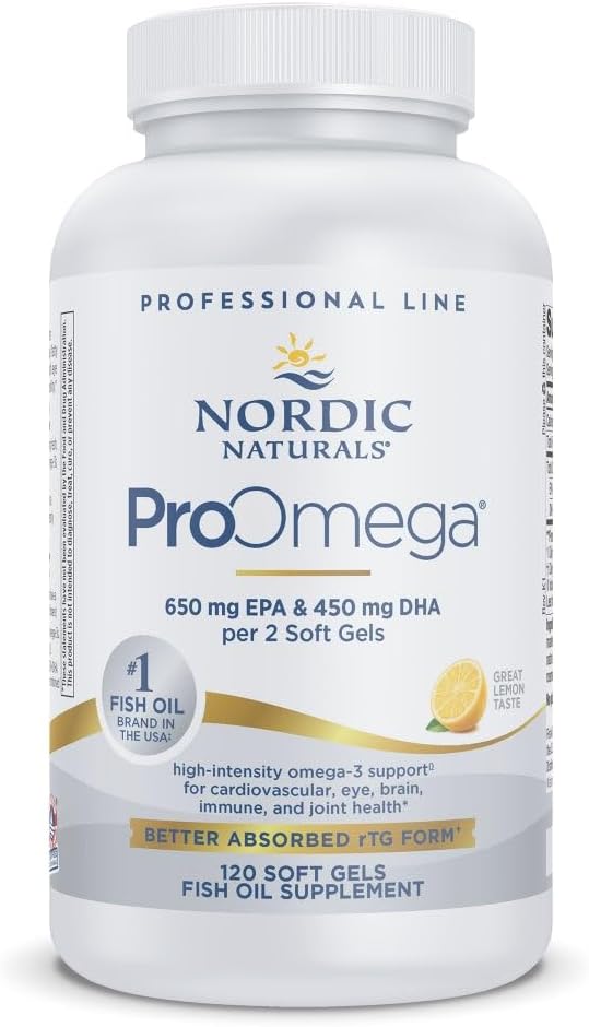 Nordic Naturals ProOmega, Lemon Flavor - 120 Soft Gels - 1280 mg Omega-3 - Yüksek Potency Fish Oil with EPA & DHA - Beyin, Eye, Heart, & Immune Health - Non-GMO - 60 Servisler