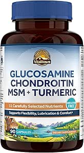 Vitalitown Glucosamine Chondroitin MSM, Turmeric, Collagen, Hyaluronic Acid, Boswellia, Quercetin, 11-in-1 Formula, Glucosamine Sulfate 1500 mg, No Shellfish, Flexability & Comfort, 180 Caps