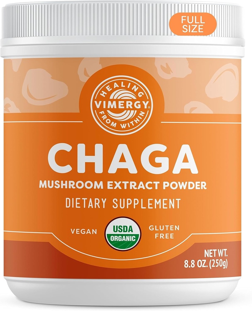 Vimergy USDA Organic Wild Chaga Mushroom Extract Powder, 166 Σερβιέτες – Ιδανικό για Τσάγκα Τσάι, Καφέ, Smoothies – Καρδιαγγειακή Υποστήριξη - Kosher, Vegan, Χωρίς Γλουτένη, Παλαιό - Καθαρό Τσάγκα, Χωρίς Φίλτρα (250g)
