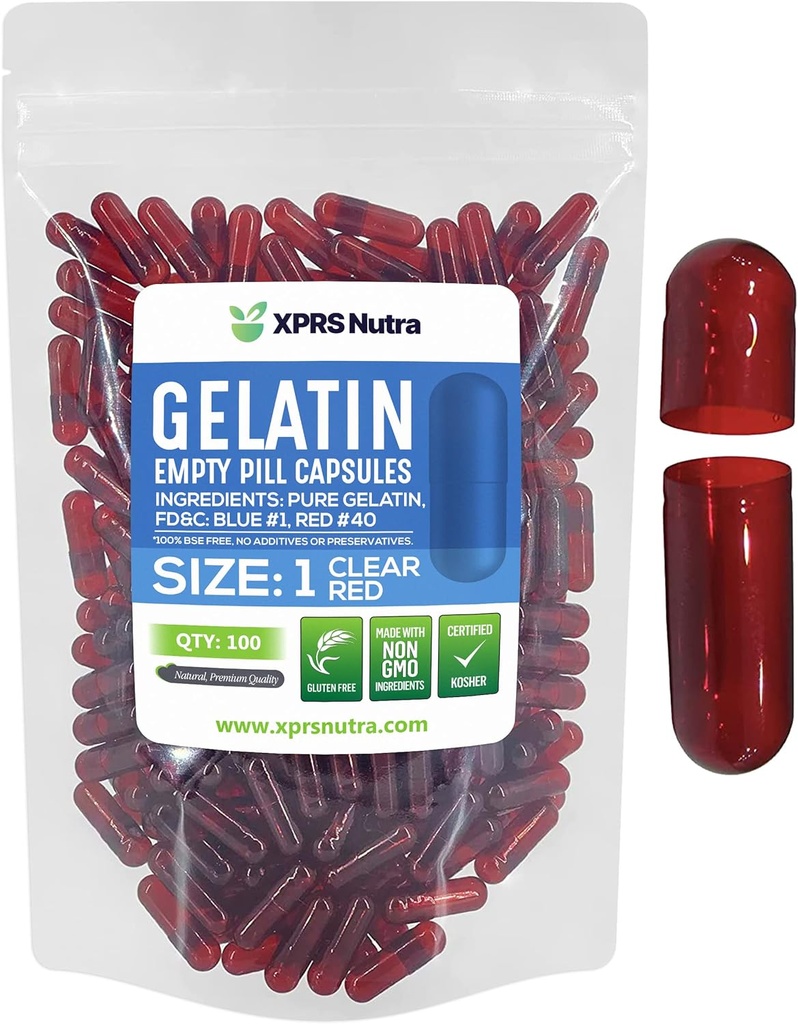 XPRS Nutra Boyutu 1 Boş Capsules - 100 Count Colored Boş Gelatin Capsules - Pill DIY Supplement Capsule - Do-It- Yourself Supplements (Clear Red)