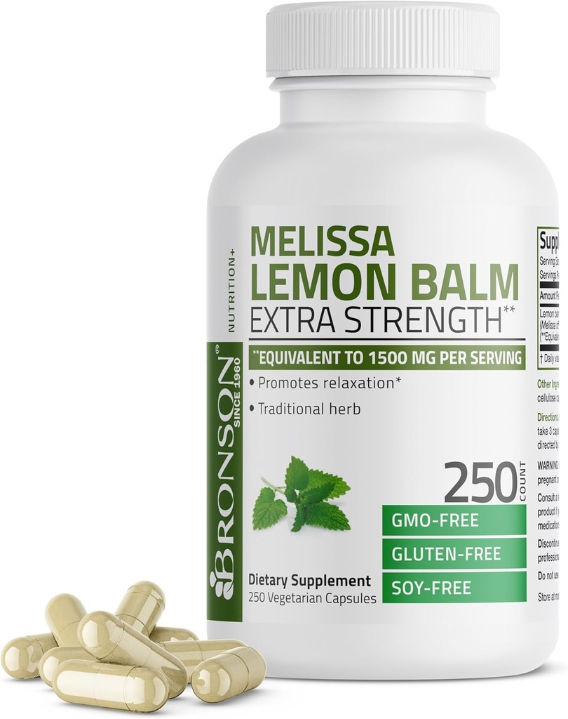Bronson Melissa Lemon Balm Επιπλέον δύναμη, μη ΓΤΟ, 250 κάψουλες χορτοφάγων
