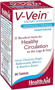 HealthAid V-Vein, Beneficial Nutrients for Health Circulation for Legs and feet, 60ct, Once Daily, Contains Ginkgo, Grape Tohum, C ve Bilberry, Vegan