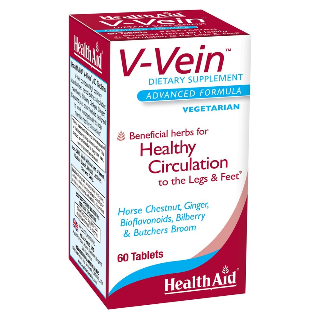 HealthAid V-Vein, Beneficial Nutrients for Health Circulation for Legs and feet, 60ct, Once Daily, Contains Ginkgo, Grape Tohum, C ve Bilberry, Vegan