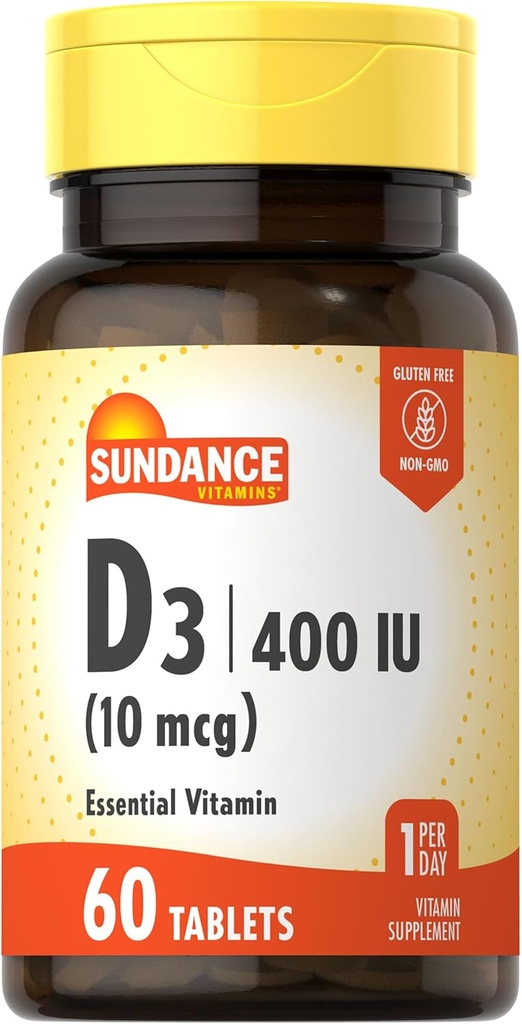 Sundance Vitamin D3 400 IU (10 mcg) | 60 Vejetaryen Tabletler | Essential Vitamin Tamam | Vejetaryen, Non-GMO ve Gluten Ücretsiz Formula