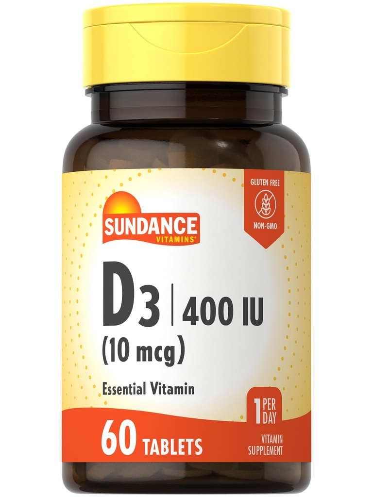 Sundance Vitamin D3 400 IU (10 mcg) | 60 Vejetaryen Tabletler | Essential Vitamin Tamam | Vejetaryen, Non-GMO ve Gluten Ücretsiz Formula