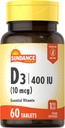 Sundance Vitamin D3 400 IU (10 mcg) | 60 Vejetaryen Tabletler | Essential Vitamin Tamam | Vejetaryen, Non-GMO ve Gluten Ücretsiz Formula