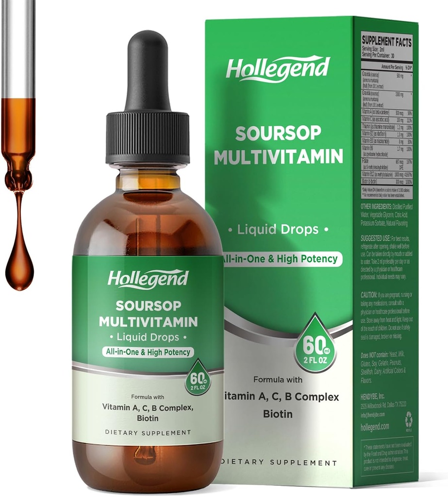 Soursop Multivitamin Liquid Drops, Immune Support, Hair, Skin, Brain Health, 2 Fl Oz Oz