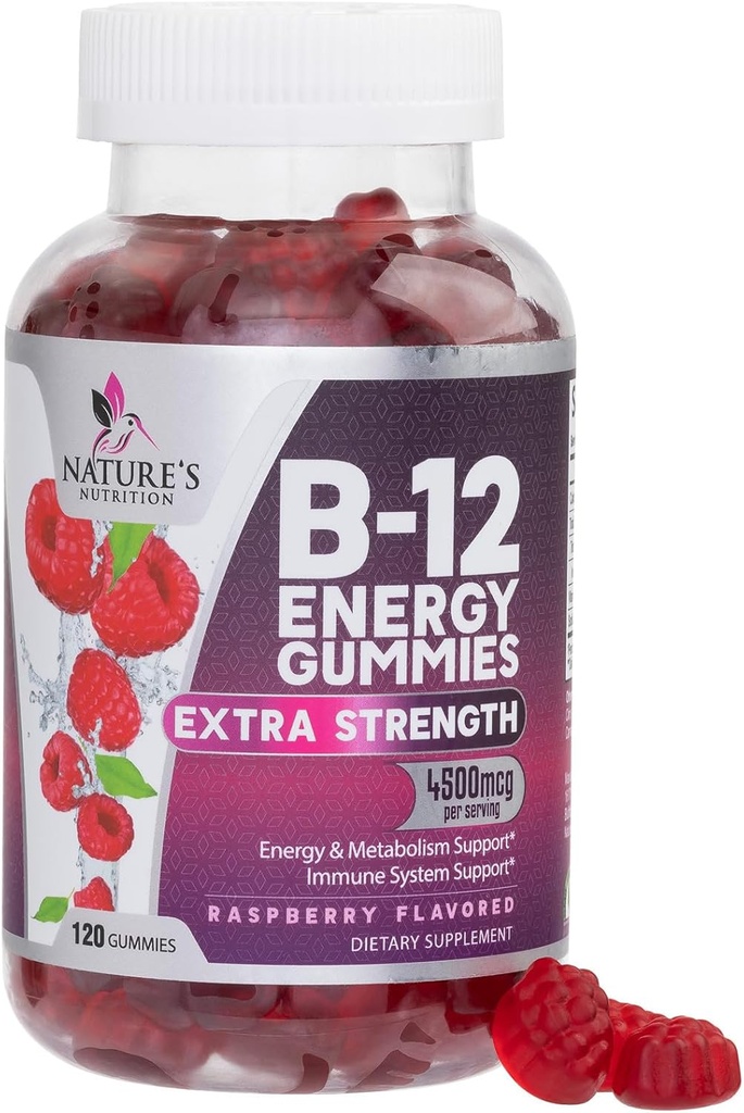 B-12 Vitamin Energy Gummies 4500mcg - Extra Strength B12 Gummy Chewables for Energy Metabolism & Immune Support - Dietary Supplement for Women, Men, & Kids - Non-GMO, Vegan, Berry Flavor - 120 Count
