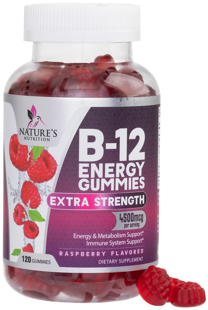 B-12 Vitamin Enerji Gummies 4500mcg - Ekstra Güçlü B12 Enerji Metabolism ve Immune Desteği - Kadınlar için Diyetsel Tamam, Erkekler ve Çocuklar - Non-GMO, Vegan, Berry Flavor - 120 Kont