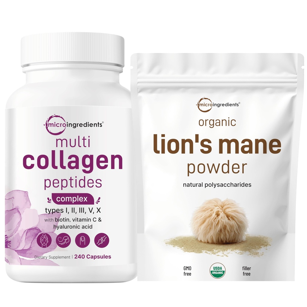 Mikro Malzemeler Multi Collagen Kompleksi & Lions Mane Mushroom Supplement Toz Paket 2 Pack | Grass-Fed Collagen, | Natural Superfood for Brain, Energy, & Immune Health