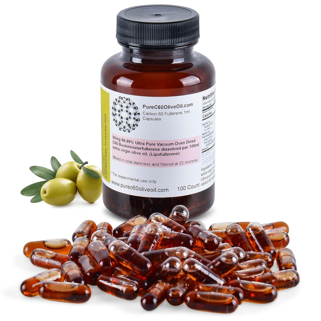 PureC60OliveOil C60 Organik Zeytinyağı Capsules Pills 100 ml / 3.4 Fl Oz -% 99.99 Carbon 60 Branson Free 80 mg - Gıda Grade - Karbon 60 Zeytinyağı - Global Yapımcı