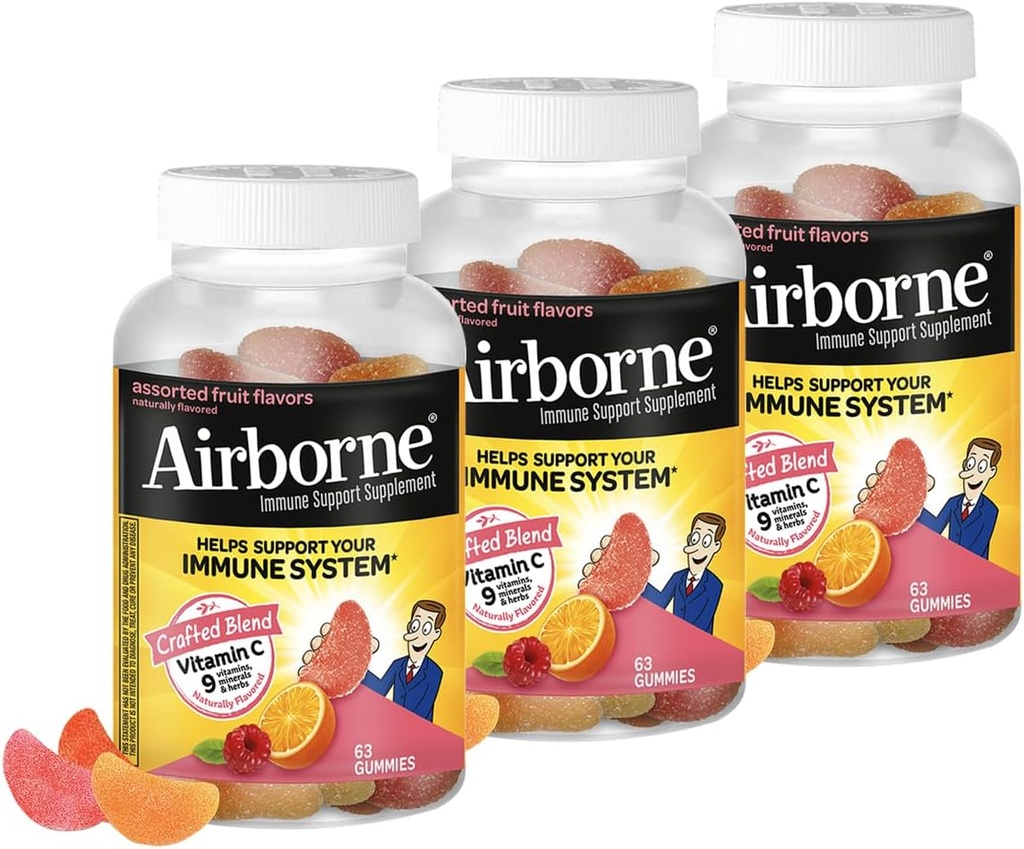 Airborne 750 mg Vitamin C Immune Support Supplement Gummies for Yetişkinler, Assorted Fruit Flavor, Gluten Free Crafted Mix with Powerful Antioksis A C & E, 63 Gummies (3 Pack)