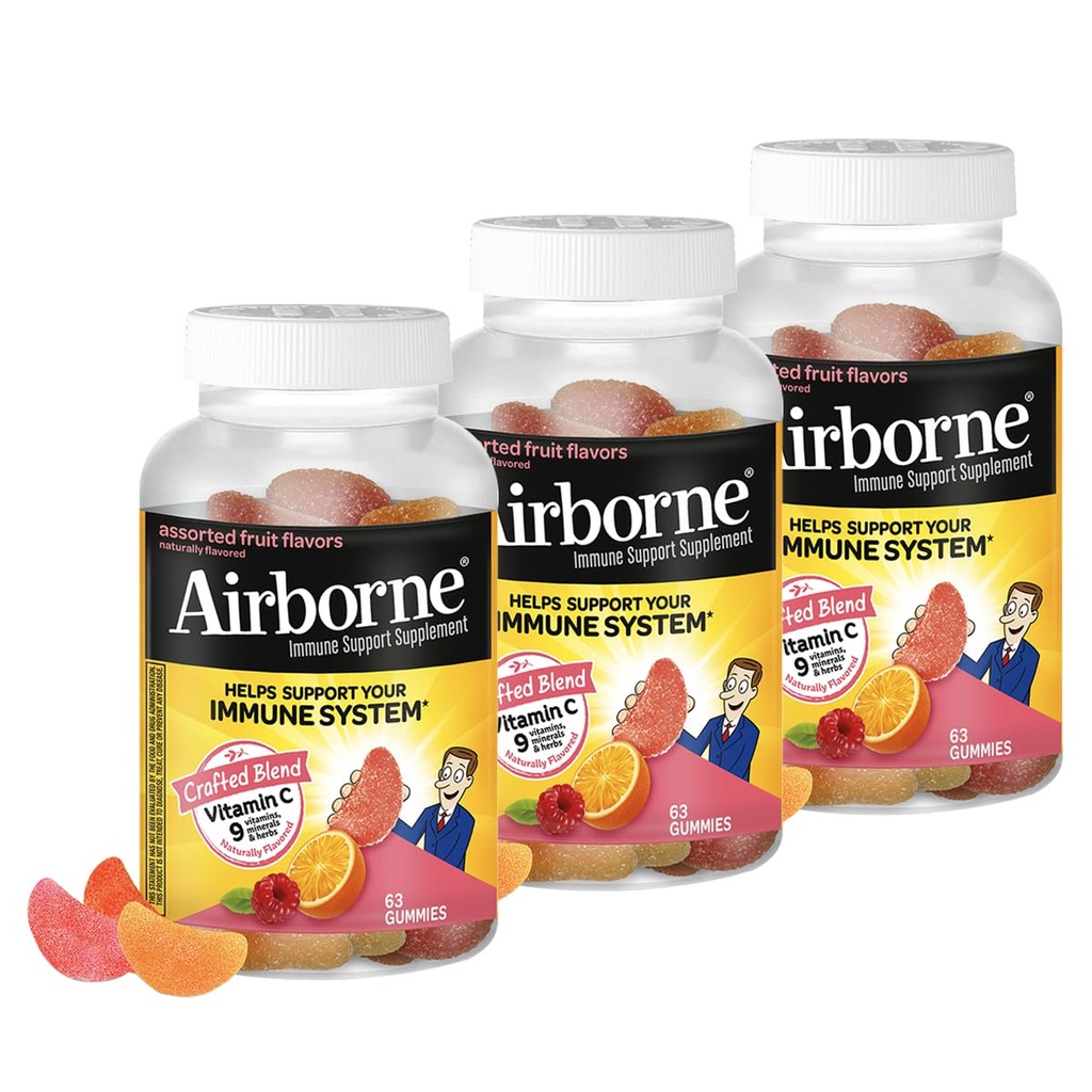 Airborne 750 mg Vitamin C Immune Support Supplement Gummies for Yetişkinler, Assorted Fruit Flavor, Gluten Free Crafted Mix with Powerful Antioksis A C & E, 63 Gummies (3 Pack)