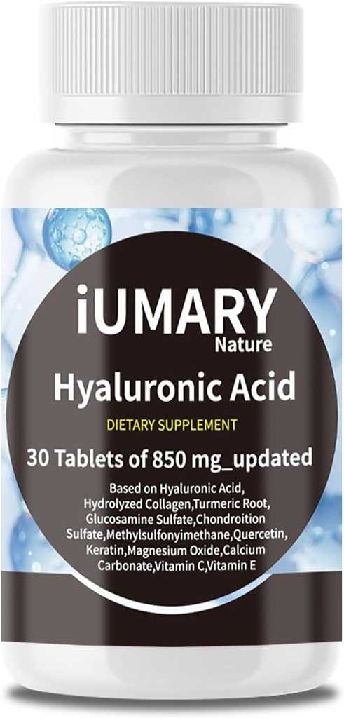 Hyaluronic Acid Supplements, 850 mg High Bio available Diyetary Hyaluronic Acid - Hidrolyzed Collagen, Turmeric, Glu-kozmin, MSM, Vitamin C - 30 Tabletler (Polonya)