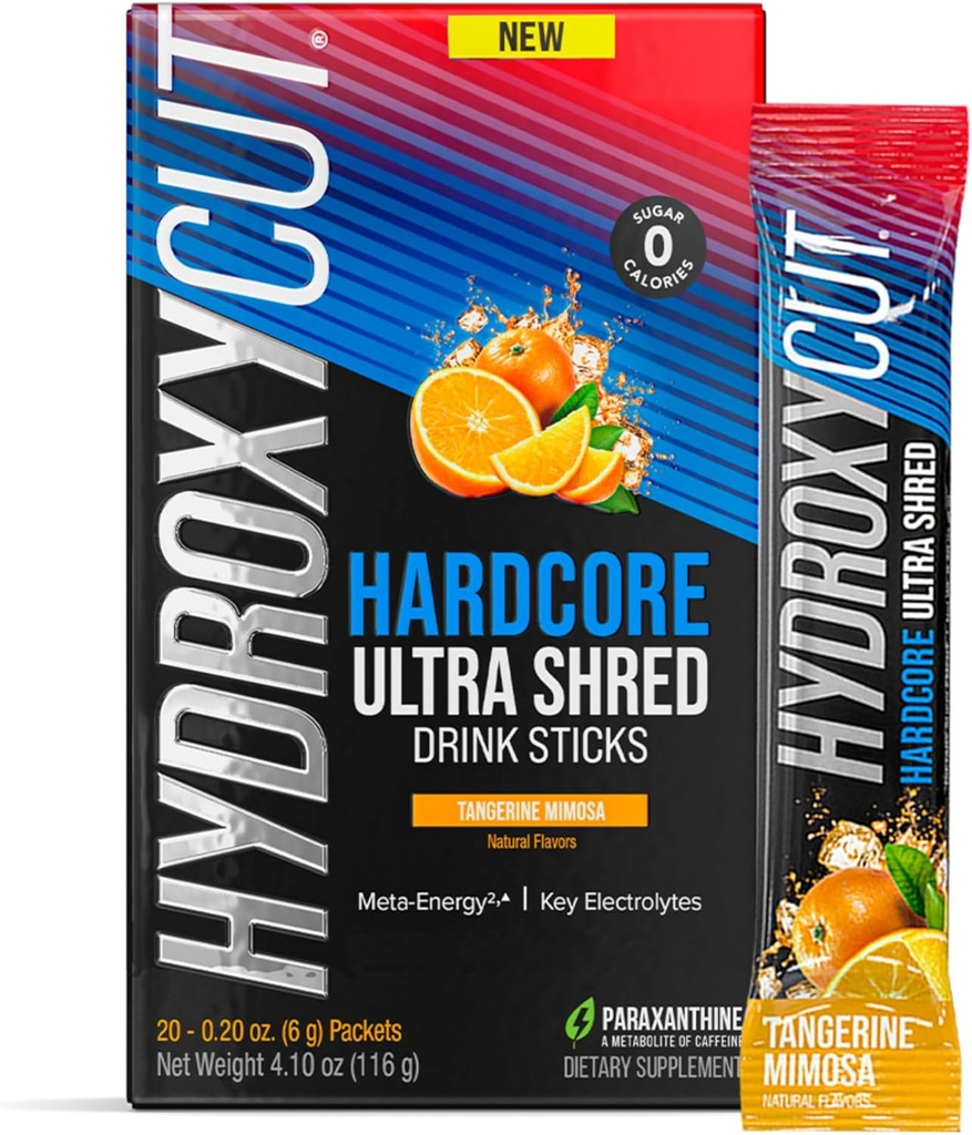 Hydroxycut Hardcore Ultra Shred Drink Sticks, Tangerine Mimosa - 20 πακέτα - Zero Sugar ή θερμίδες - Περιλαμβάνει Paraxanthin & B Βιταμίνες - για γυναίκες και άνδρες