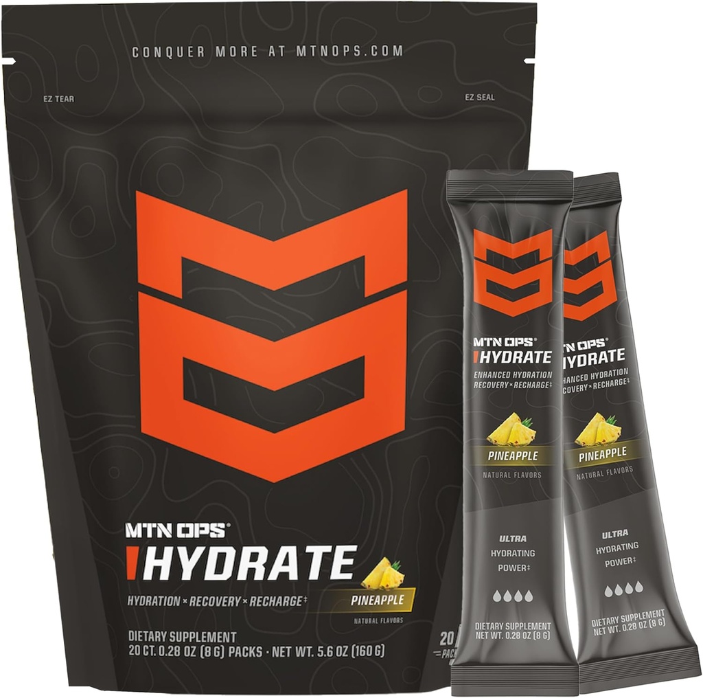 MTN OPS Hydrate Electrolytes Toz İçecek Mix, 20 Single On-The-Go Electrolyte Packs with Over 1000 mg of Electrolytes per Service, Pineapple