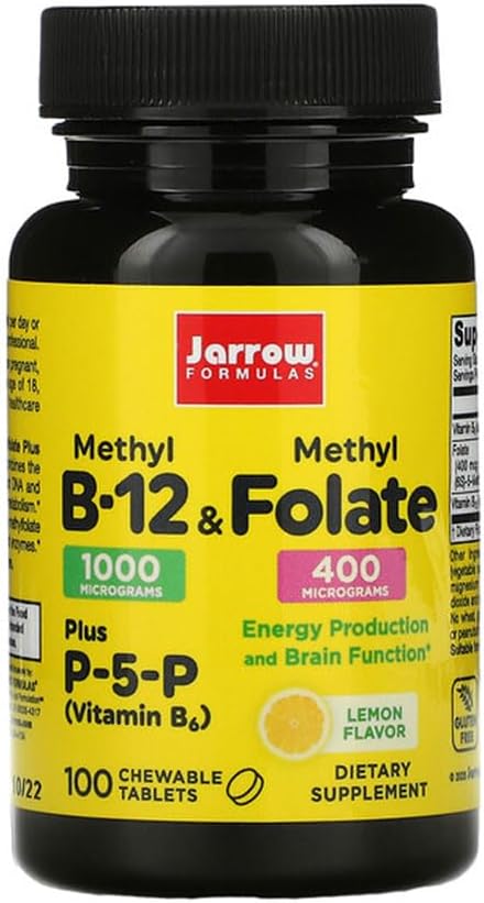 Jarrow Formulas Me-12 & Metil Folate - 100 Chewable Tabletler, Limon - 2 Paket - Biyoaktif Vitamin B12 & B9 - Enerji Üretimi, Beyin Fonksiyonlu ve Metabolism - 200 Toplam Hizmetler