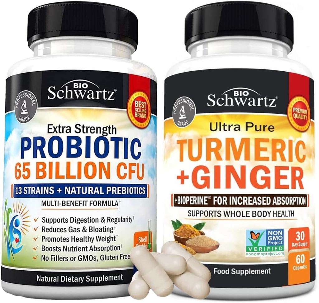 Organic Turmeric Curcumin and Ginger Supplement (1 Month Supply) Plus 65 Billion CFU Daily Probiotic Supplement (1 Month Supply)