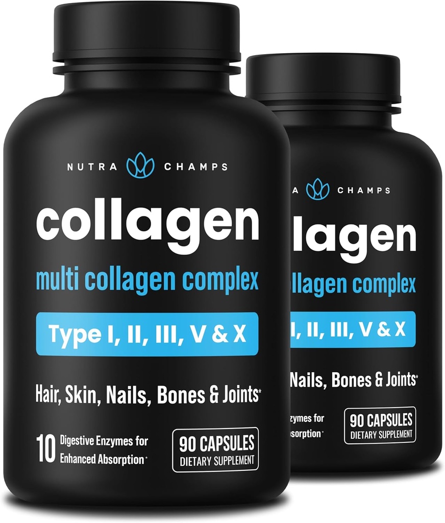 NutraChamps Multi Collagen Pills, Tipler I,II,III,V,X, Double Hydrolyzed Collagen Powder Toz Capsules, Protein Supplement for Women & Men, 180 Capsules (Pack of 2)