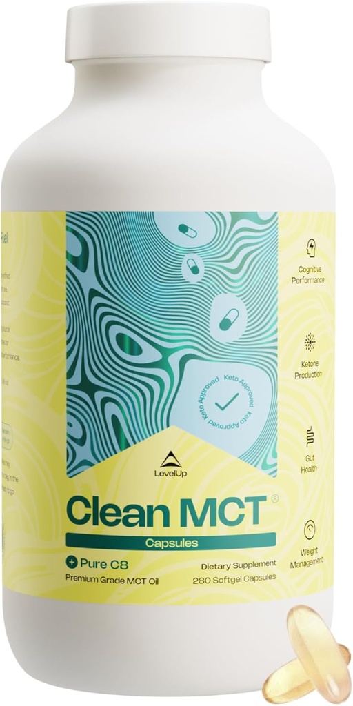 LevelUp Clean MCT Oil Capsules - 100% Caprylic C8 για την Ενέργεια, Εστίαση, Διαχείριση Βάρος, Υγεία Ούρων, Εγκέφαλος Superfuel - Keto συμπλήρωμα για Κετογόνο Διατροφή και Κετόνες - Μη-GMO (280 Count)
