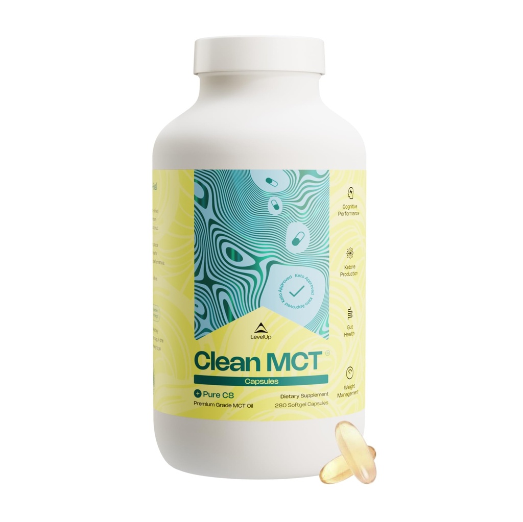 LevelUp Clean MCT Oil Capsules -% 100 Caprylic C8 for Energy, Focus, Kilo Management, Gut Health, Brain Superfuel - Keto Supplement for Ketgen Diyet ve Ketones - Non-GMO (280 Count)
