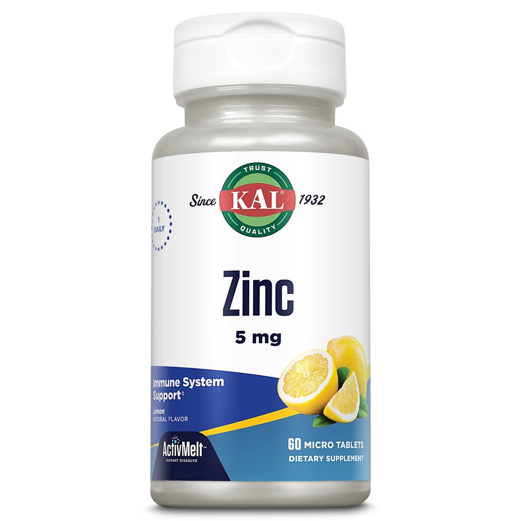 KAL çinko 5 mg Tabletler - Kadınlar ve Erkekler için çinko Supplements, Immune Support, Fast-Dissolve for Optimal Abors, Natural Lemon Flavor, Vegetarian - 60 Micro Tablets