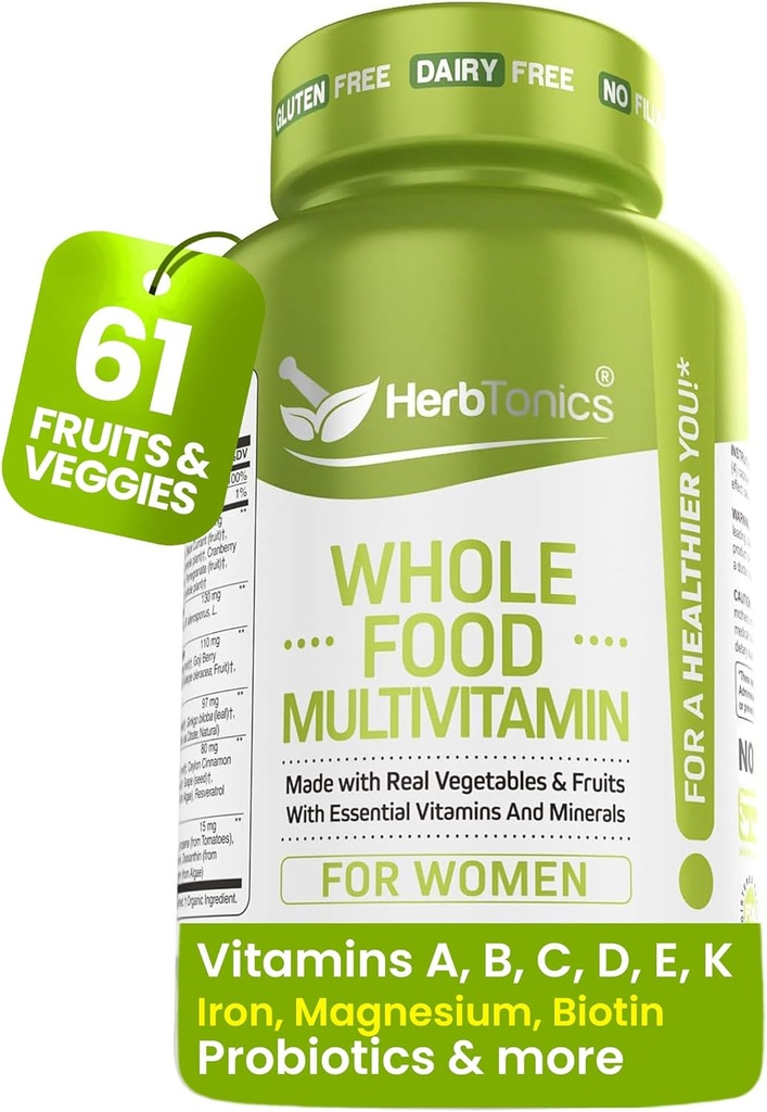 Herbtonics All Food Multivitamin for Women | Made with Superfoods, Real Raw Veggies, Fruits, Vitamin E, A, B Complex | Womens Multivitamin | Non-GMO 120 Vegan Capsules