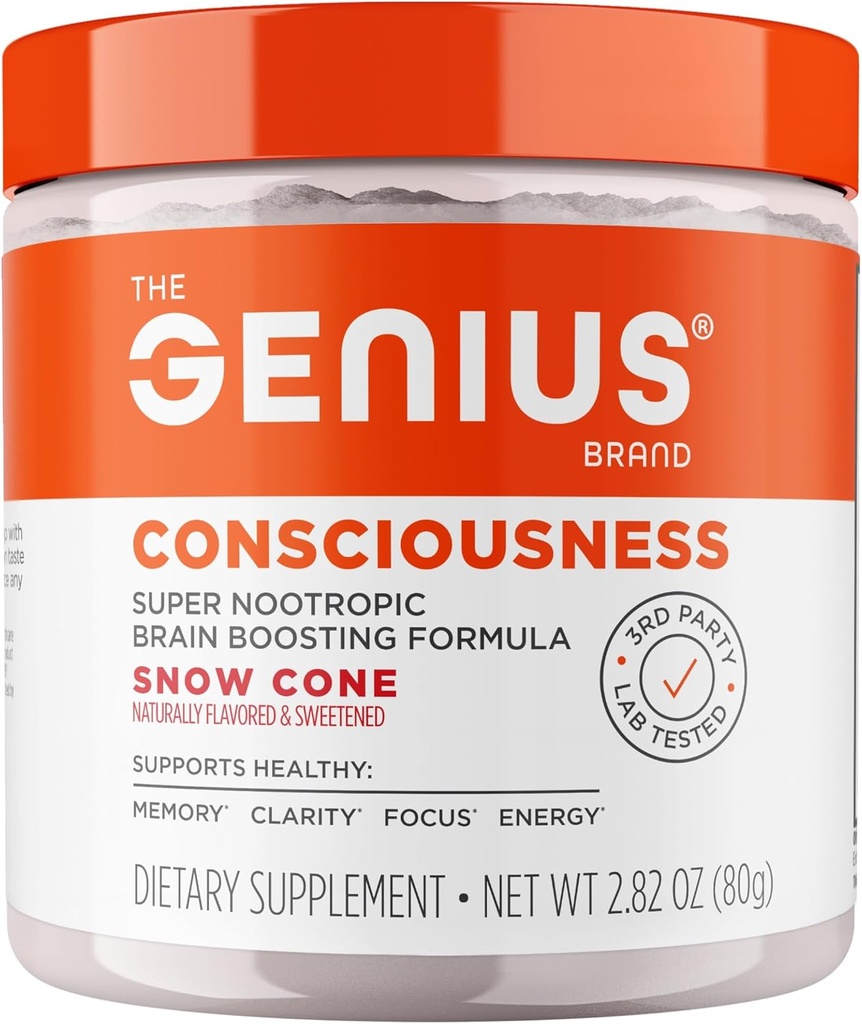 The Genius Brand Genius Consciousness - All-in-One Brain Health Supplement for Clarity - Υποστηρίζει τη Συγκέντρωση, Δημιουργική Σκέψη, Ενέργεια & Μνήμη - Powered by Nootropics - 15 Servings - Snow Cone