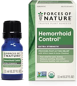 Forces of Nature Hemorrhoid Treatment, Extra Strength 0.37 Fl Oz, Organic Homeopathic Medicine & Essential Oils, Hemorrhoid Relief for Pain, Itching, Swelling, Soreness & Discomfort