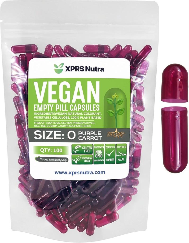 XPRS Nutra Size 0 Κενές κάψουλες - 100 Count Empty Vegan Κάψουλες - Χορτοφαγικά χάπια - DIY Καψάκιο Γέμισμα - Veggie χάπια για το Do-It-Yourself συμπληρώματα (Purple Carrot)