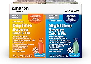 Basic Care Vapor Ice Day and Night Σοβαρό κρύο και flu Relief Caplets, μέγιστης αντοχής ιατρική, Combo Pack, 48 Count