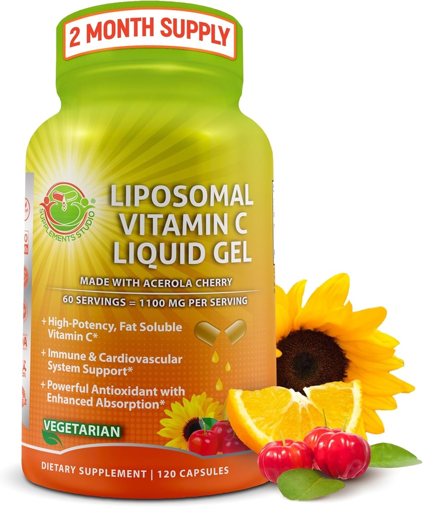 Liposomal Vitamin C Sıvı Gel Capsules - 1100 mg - Organik Acerola Cherries, High Potency C Liposomal Immune Support Supplement with Advancedd Abpole & Bioavailability - 120 count