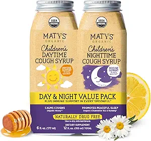 Matys Organic Kids Cough Syrup Day & Night Combo for Children 1 Year +, Soothing Cough Relief w/Zinc, Melatonin & Dye Free, 2 Şişes, 6 fl oz Every