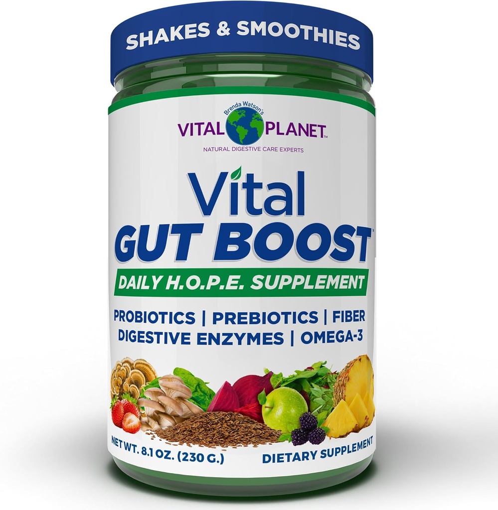 Vital Planet - Vital Gut Boost Powder by Brenda Watson, PBS Gut Check Hope Supplement with Fiber 35, Omega 3 Oil, Probiotics, and Digestive Enzymes, 8.1oz, 230 Grams, 30 Servings