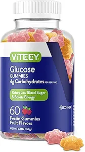 Viteey Glucose Gummies - 4g υδατανθράκων - ταχείας δράσης εναλλακτική λύση σε δισκία γλυκόζης - Ενέργεια και ζάχαρη αίματος Υποστήριξη - Vegan, Χωρίς γλουτένη, Ζελατίνη Χωρίς - 60 Μέτρα