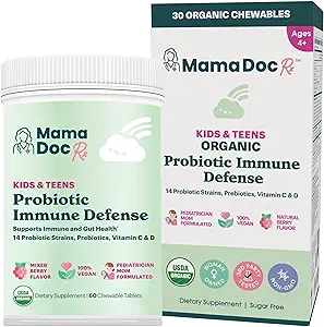 Certified Organic Kids & Teens Probiotic Immune Defense - 5 Billion CFUs | Sugar Free, Vegan, Gluten-Free | 14 Probiotic Strains, Prebiotics, Vitamin C & D | 30 Chewable Tablets, Ages 4+