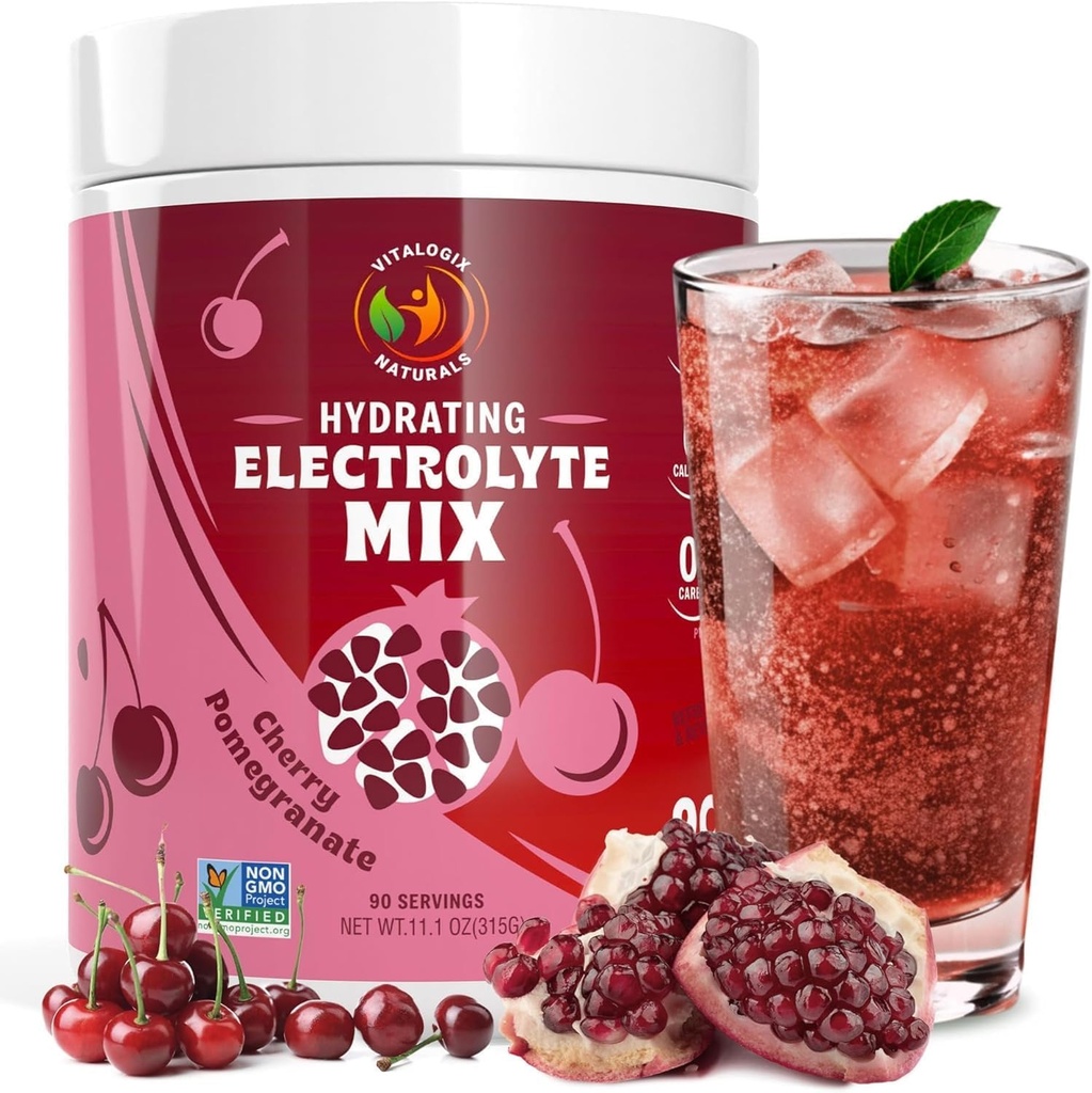 Electrolyte Powder – Cherry Pomegranate Flavor | Sugar-Free Hydration Mix with 6 Key Electrolytes for Energy, Cramp Support & Recovery | Keto, Vegan, Fasting Friendly | Magnesium + Potassium