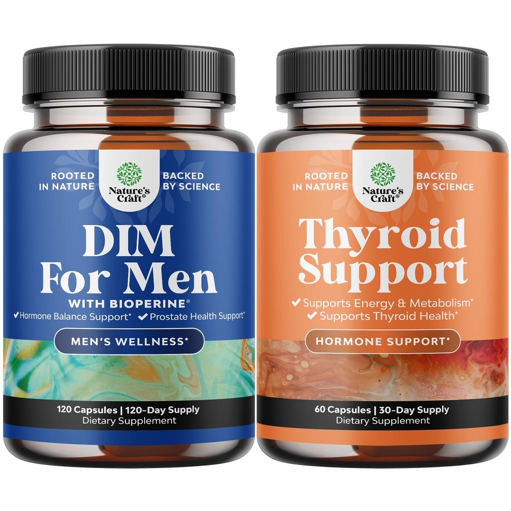 Bundle of DIM Supplement for Men with Panax Ginseng Bioperine Grapeseed & Astragalus for Prostate Health and Herbal Thyroid Support Complex with L Tyrosine, Bladderwrack, Selenium & Pure Ashwagandha