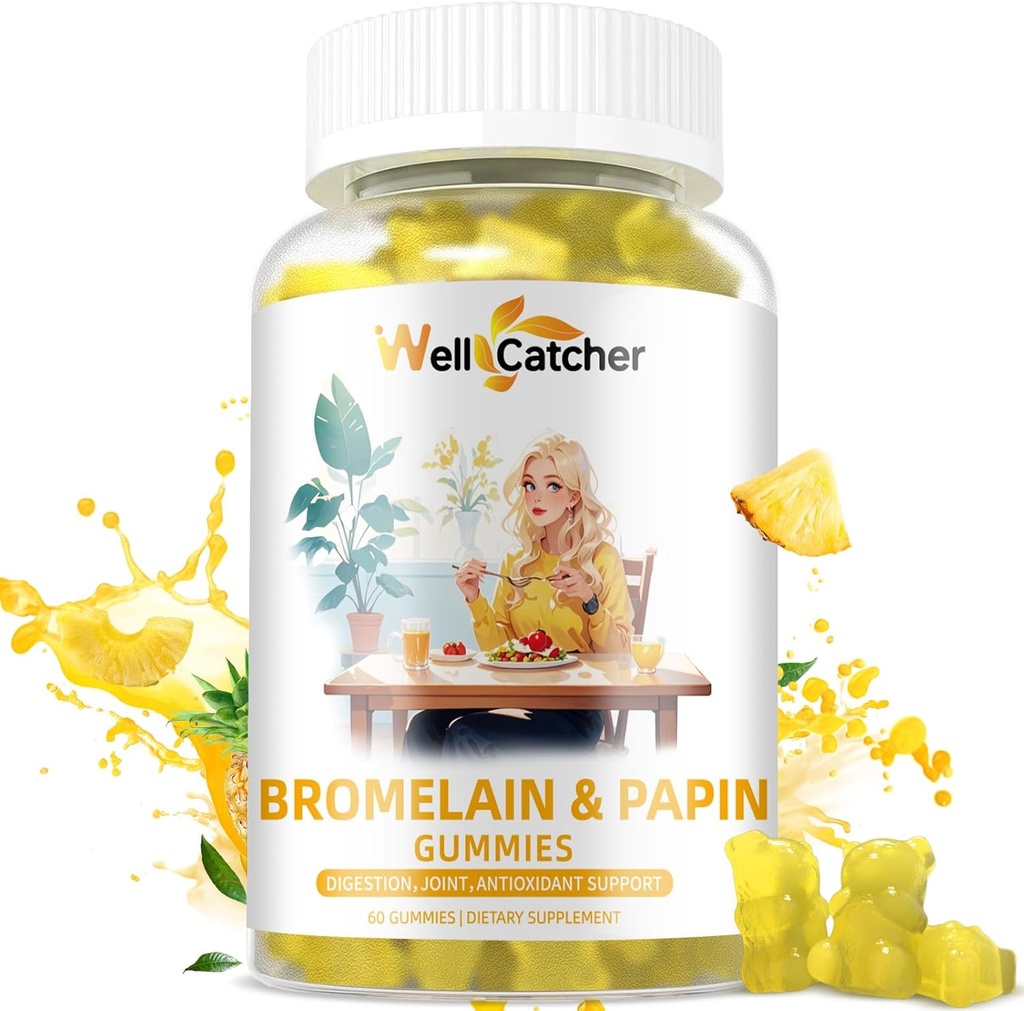 Bromelain Papain Enzyme Gummies συμπλήρωμα: Bromelain 500MG με Querectin Gummies για ενήλικες παιδιά, οργανικά Bromelain Papaya Ένζυμα μασώμενα για Digestive Υποστήριξη Ανοσία Antioxidant Vegan 60CT