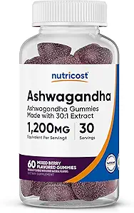 Nutricost Ashwagandha Gummies 1200mg Ισοδύναμο ανά υπηρεσία (ανάμεικτο άρωμα μούρου), 60 Gummies, 30 Services