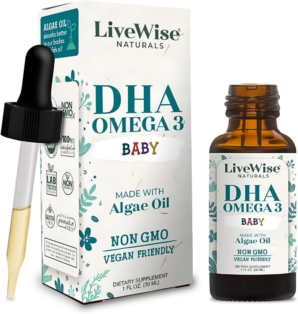LiveWise Naturals DHA Omega-3 Υγρές σταγόνες για βρέφη και τοντλερς, Vegan-Friendly Omega-3 Βασικό συμπλήρωμα, προωθεί υγιή εγκέφαλο, μάτια, άμυνα του σώματος, το μωρό και τοντλερ διατροφή