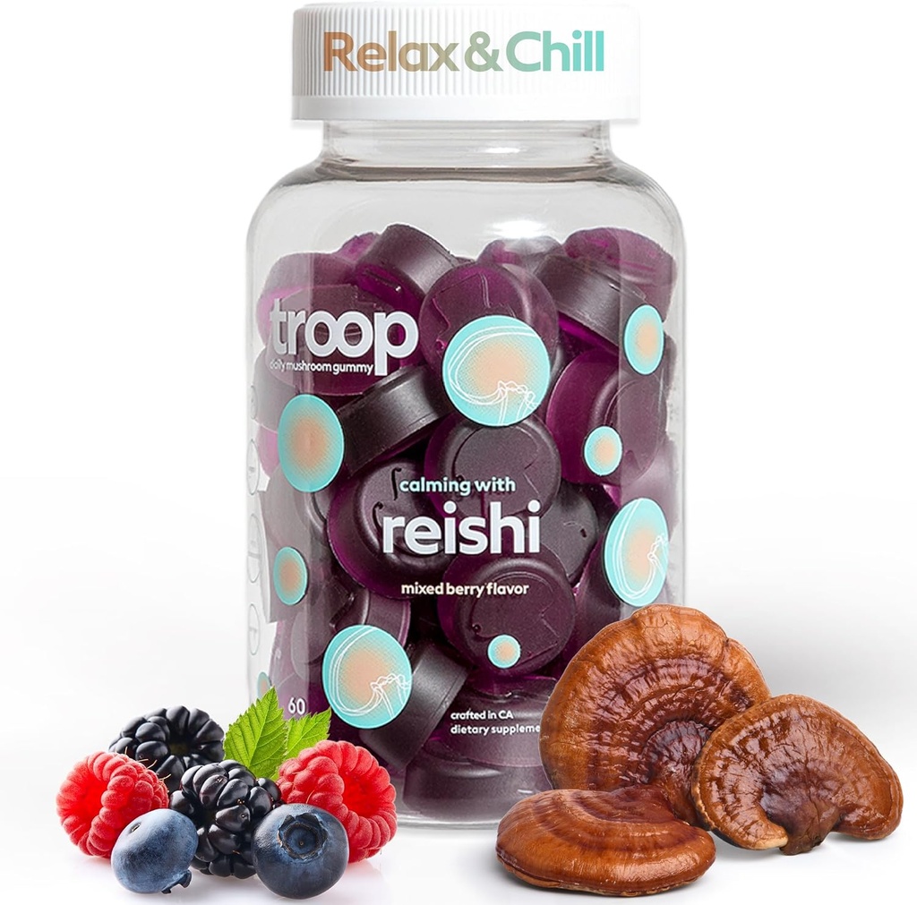 Troop Reishi Mushroom Gummies - Yetişkinler ve Çocuklar için Gummies - Stres, Rahatlama, Immune Support - 4000 mg Triple-Extracted Fruiting Body - Karma Berry, 60 Count