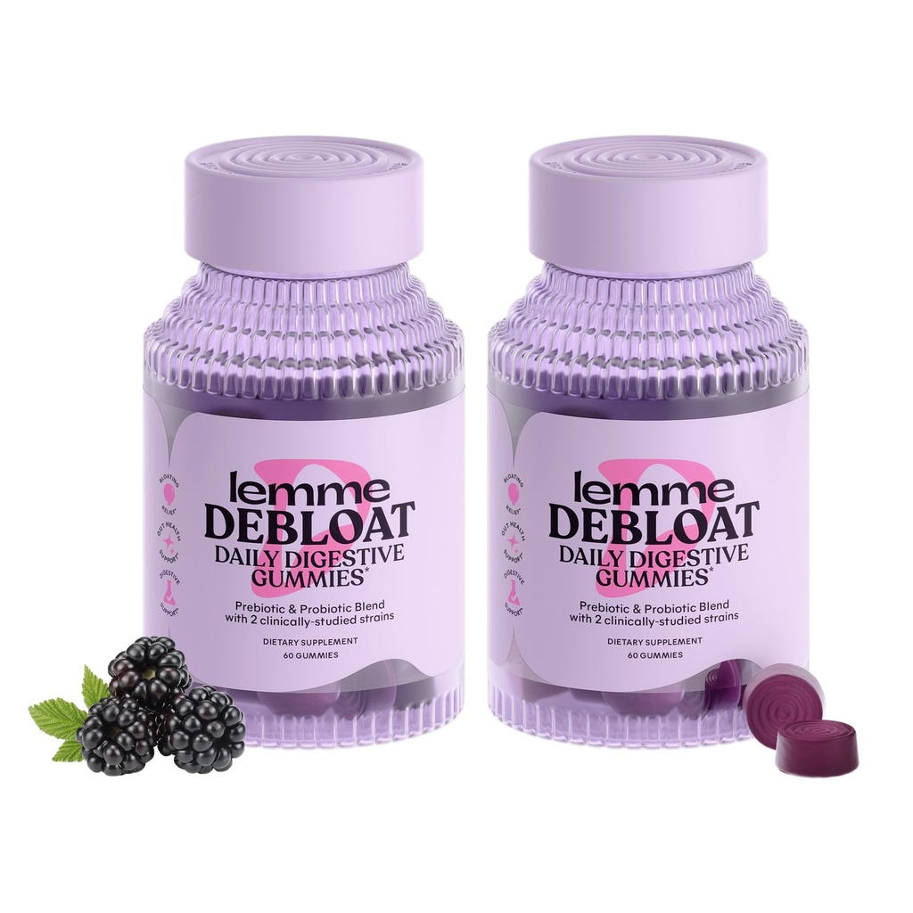 Lemme Debloat - Digestive & Gut Health Gummies με 2 Κλινικά Σπουδές Προβιοτικών & Προβιοτικών, Χορτοφαγικών, Χωρίς Γλουτένη, Μη ΓΤΟ, BlackBerry Γεύση (60 Count) (Pack of 2)