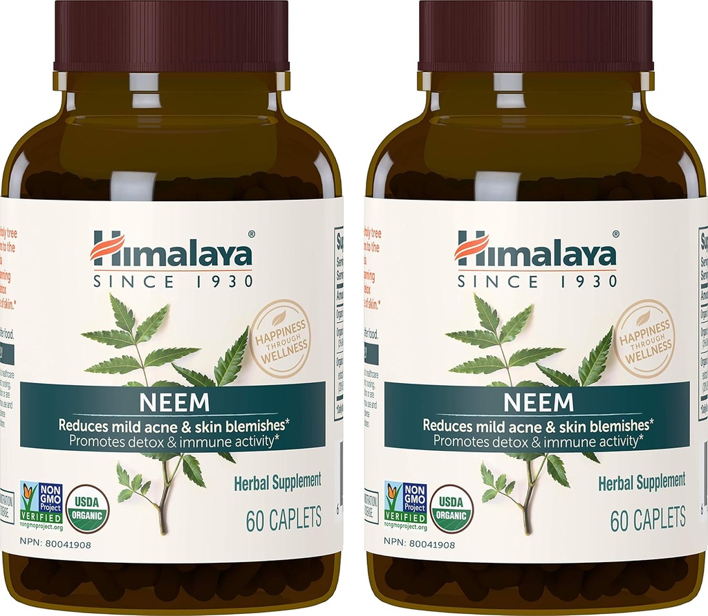 Himalaya Organic Neem Herbal Supplement, for Mild Acne & Clear Skin, Purifying, Ayurvedic, USDA Certified Organic, Non-GMO, Vegan, 600 mg, 60 Plant Based Caplets, 2 Pack