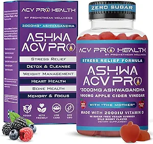 Ashwa ACV Pro Health - Χωρίς ζάχαρη μηλίτη Ξύδι με Ashwagandha, Advanced Keto, Stress Relief Συμπληρώματα με βιταμίνη D, 1g υδατάνθρακες ανά gummy Golo